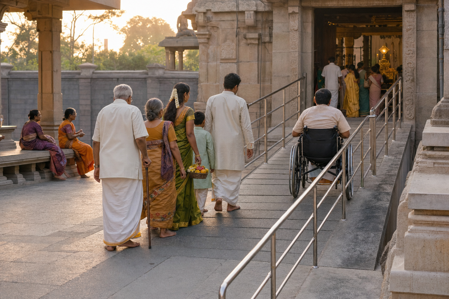A family carrying a small offering basket follows a step-free temple path with handrails, including an older devotee with a walking stick and a wheelchair user.