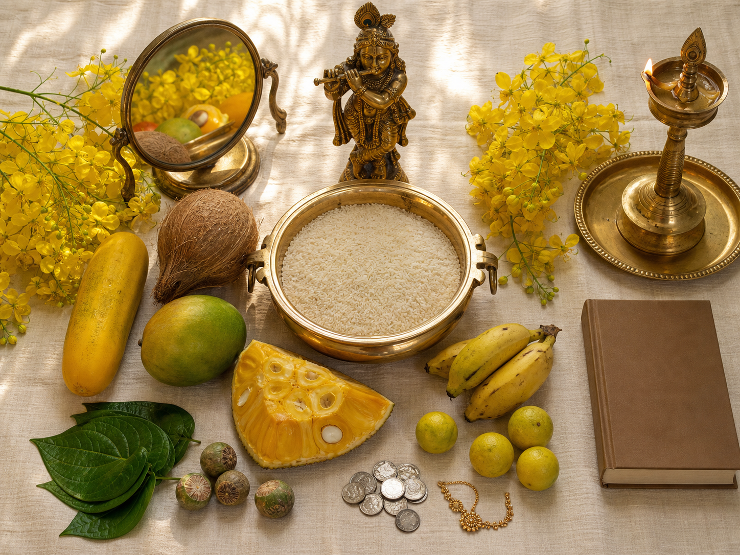 An overhead home Vishukkani includes a brass vessel with rice, fruits, vegetables, golden flowers, coins, jewelry, a mirror, a Krishna murti, a plain closed book, and an oil lamp.