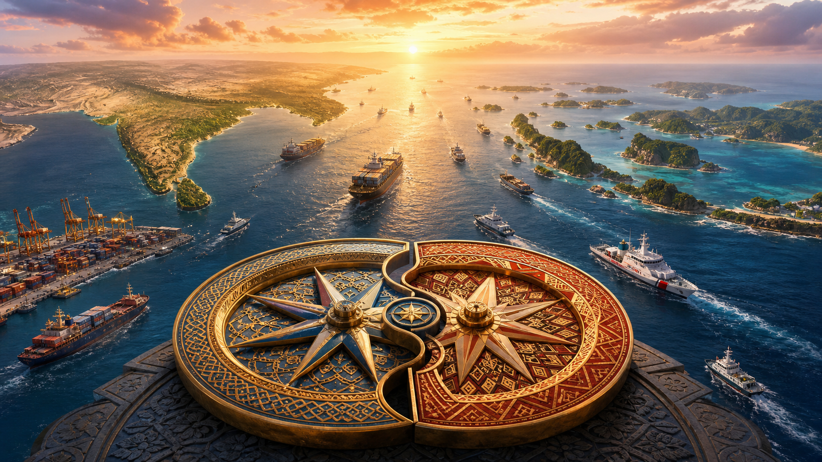 Editorial illustration of shipping lanes, ports and patrol vessels spanning the ocean between India and the Indonesian archipelago at sunrise.
