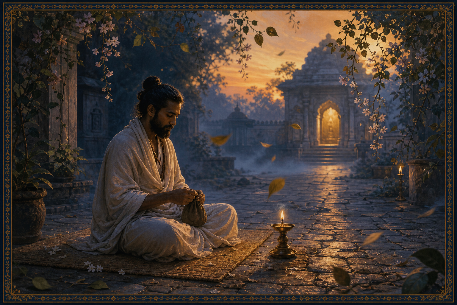 A practitioner chants with japa beads in a dawn temple courtyard beside a steady oil lamp as wind moves leaves and vines.