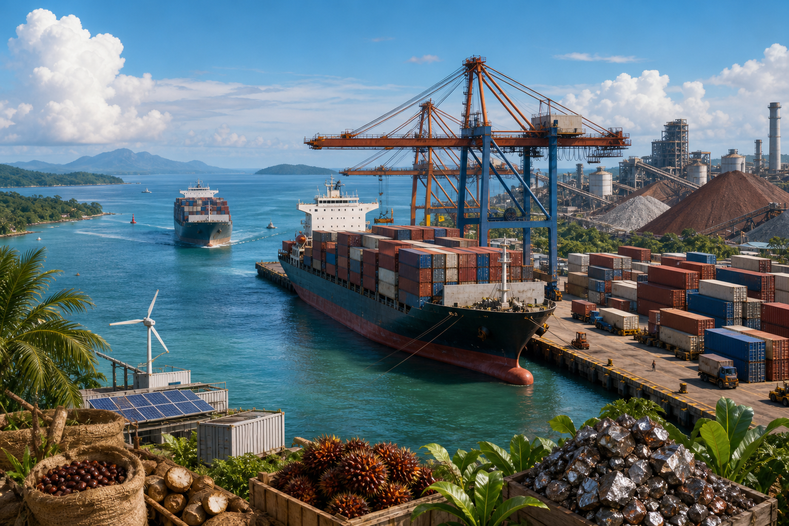 A tropical port with cargo ships, container cranes, mineral stockpiles and modern industrial facilities representing bilateral trade opportunities.
