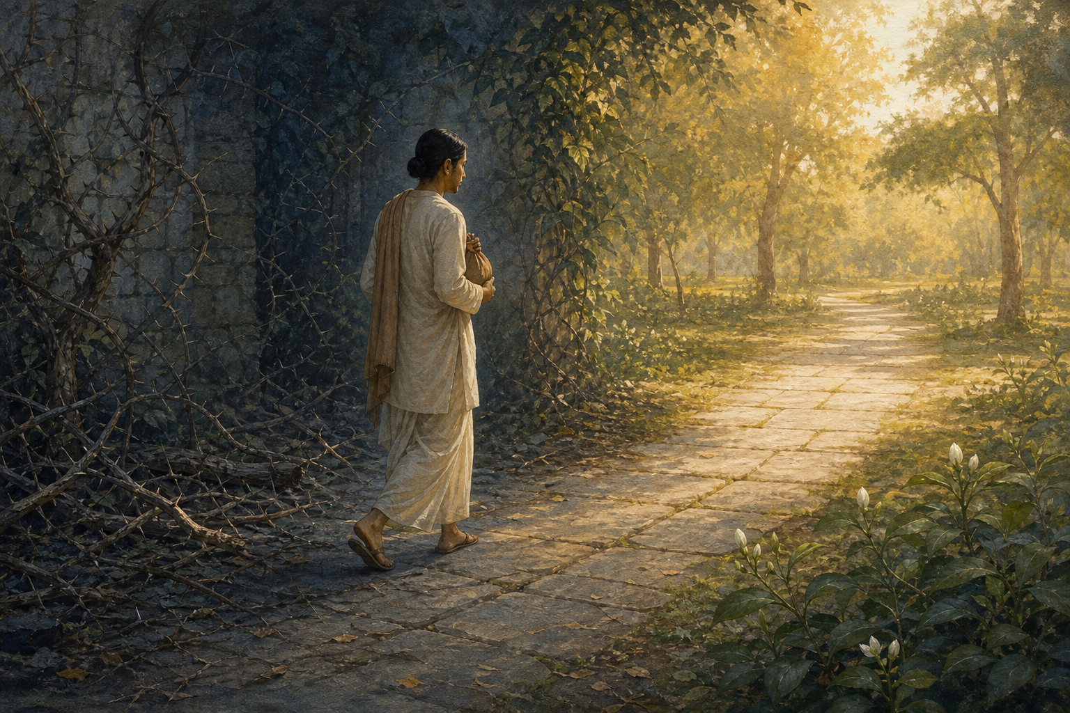 A devotee carrying a japa bead bag walks from an overgrown shaded garden onto a clear path leading into a sunlit grove.