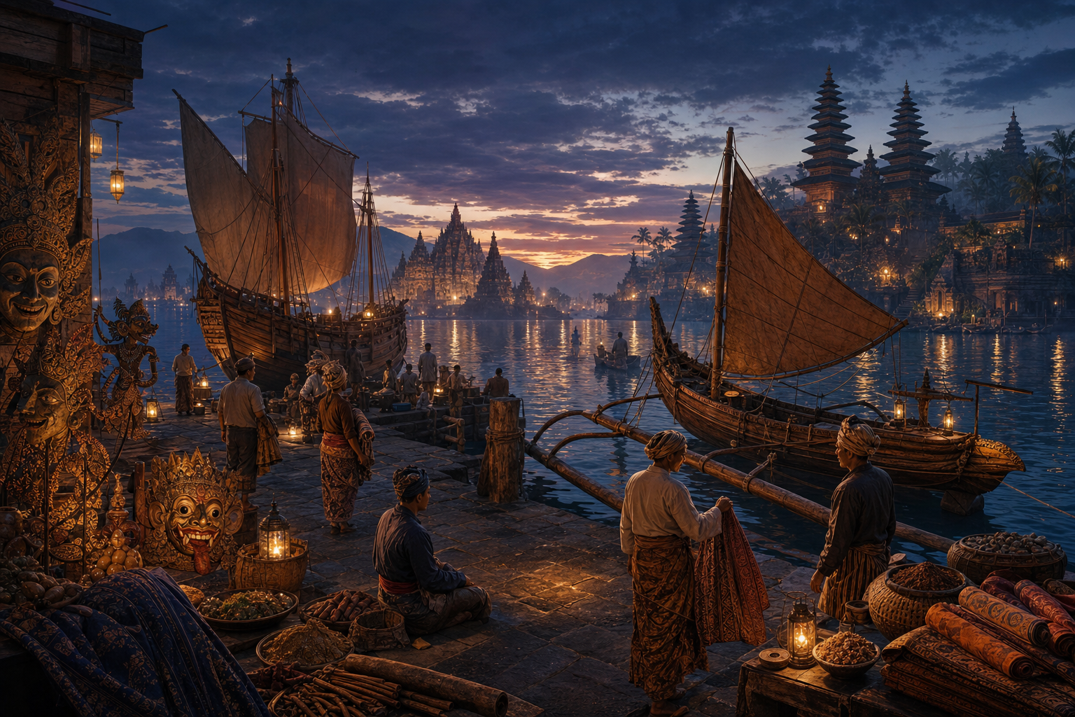 Ancient South Asian and Indonesian trading vessels share a harbor framed by temple silhouettes, spices, textiles and traditional performance objects.