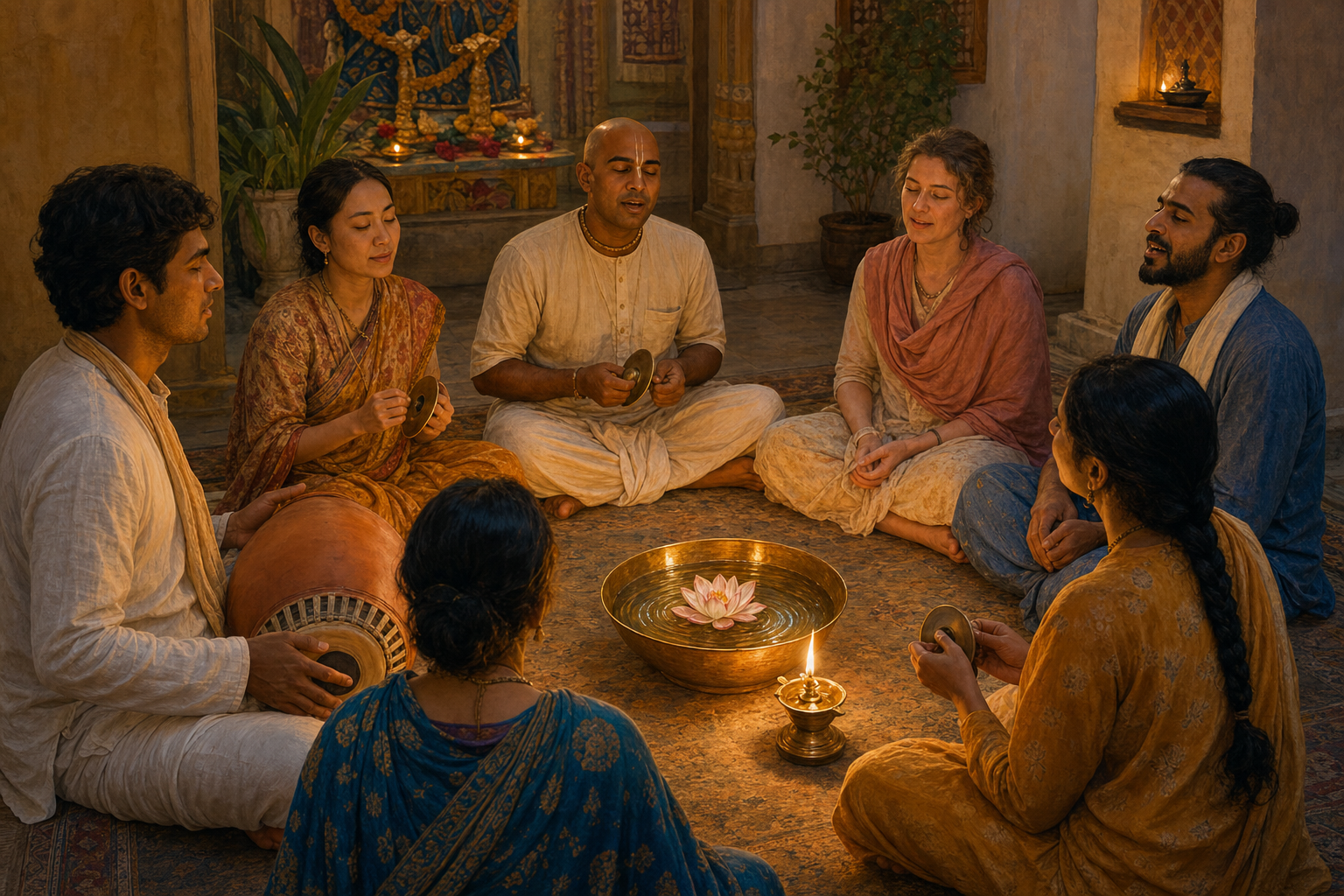 A small group of devotees sings kirtana in a lamplit temple room around a brass bowl with a floating lotus.