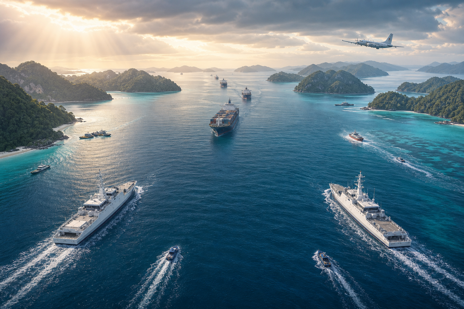 Two unmarked coast-guard vessels travel on parallel courses beside commercial ships in a tropical Indo-Pacific strait.