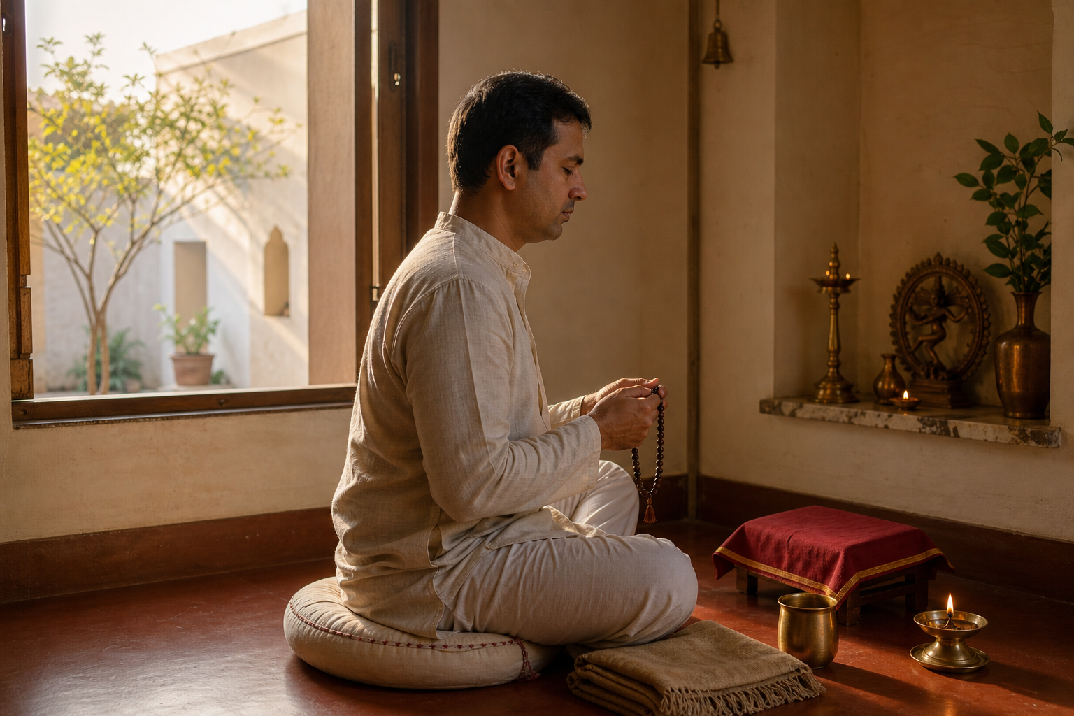 A householder chants with japa beads at an orderly home prayer corner in the early morning light.