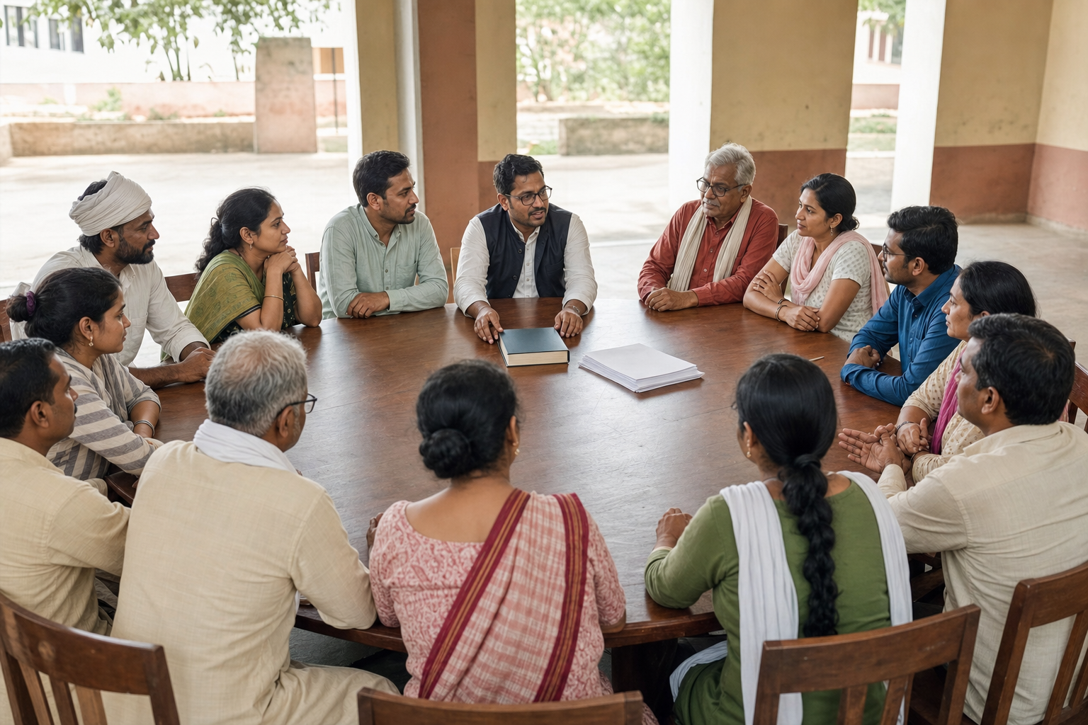 A diverse group sits in a circular community discussion with an unmarked legal volume and blank papers at the center.