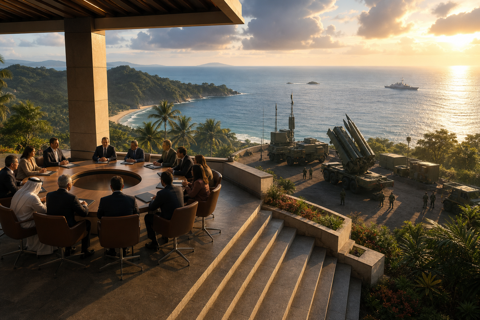 Anonymous delegates meet at a circular table above a tropical coast where an unmarked coastal-defence missile system overlooks a sea lane.
