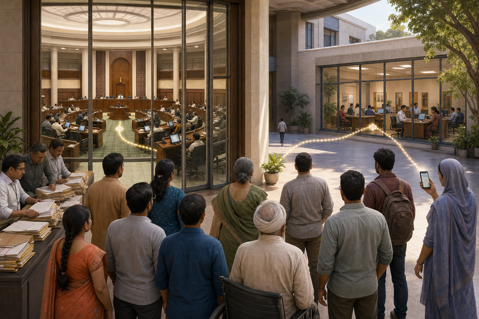 Citizens look into a state legislative chamber where representatives and clerks use digital devices connected visually to government offices and a public device.