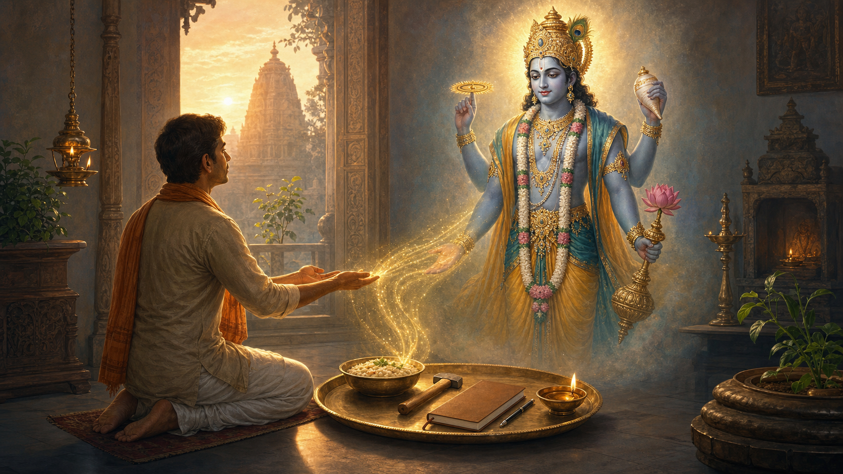 A devotee offers food, a notebook, a pen, and a tool before a luminous four-armed form of Narayana in a dawn-lit home shrine.