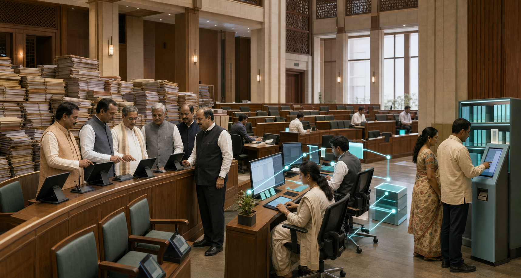 A legislative building scene contrasts ceremonial tablet installation and stacks of paper with clerks and citizens actively using connected digital systems.