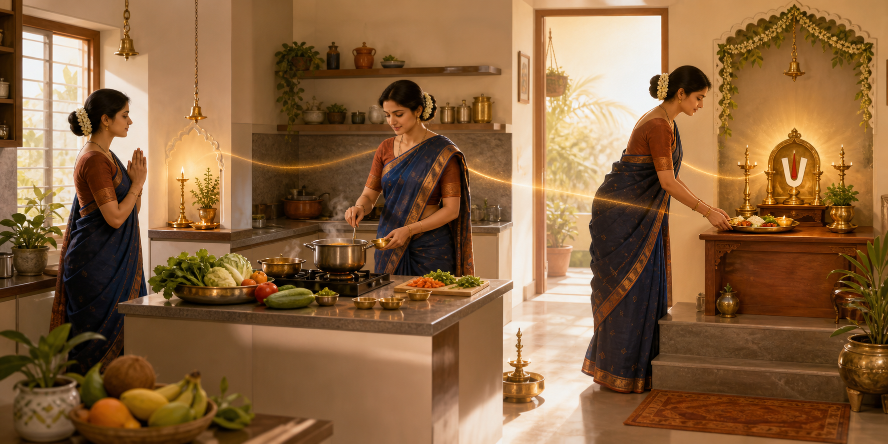 Three connected scenes show a devotee praying before cooking, preparing food attentively, and placing the finished meal before a home shrine.