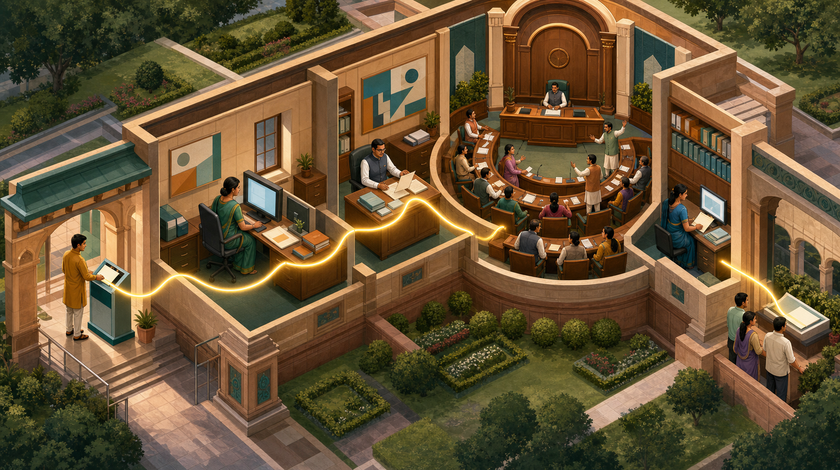 An isometric cutaway shows a citizen question moving through legislative clerks, a government department, an assembly chamber, and a public archive.
