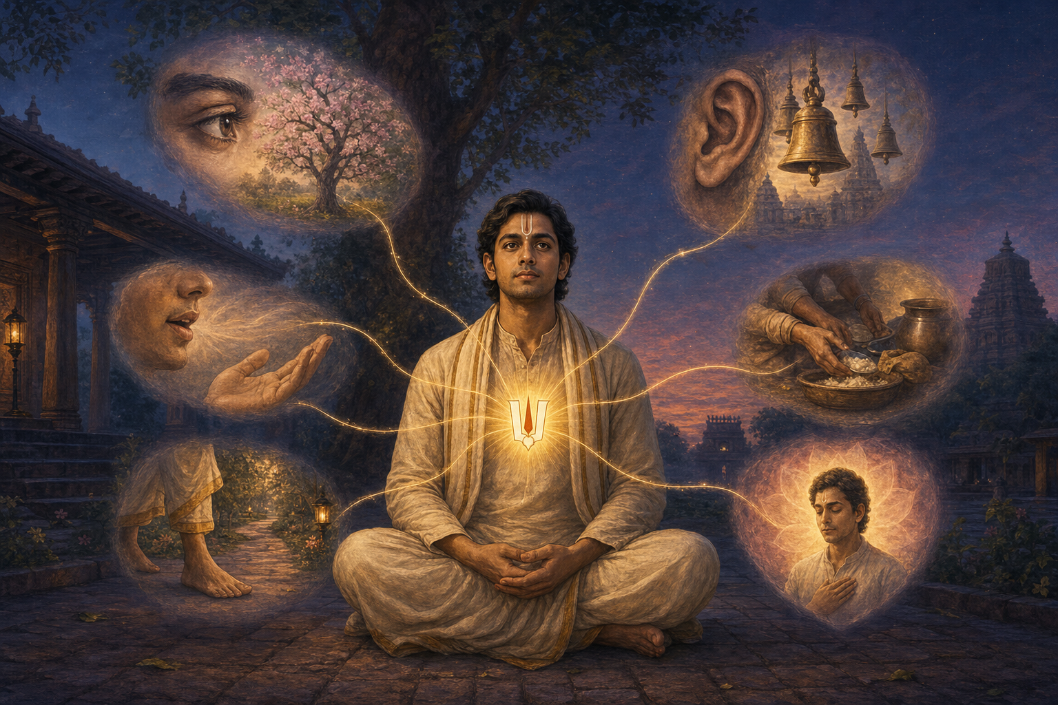 A seated devotee is surrounded by symbolic scenes of seeing, hearing, speaking, working, walking, and inward intention connected by golden light.