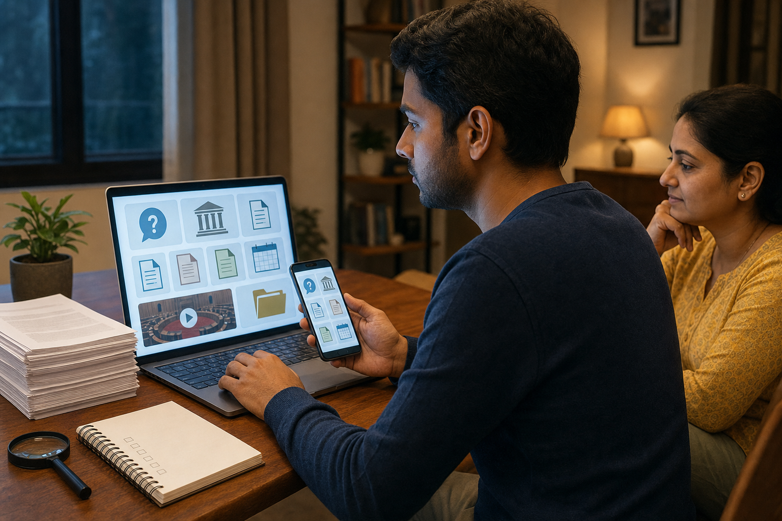 A citizen at home examines legislative records on a laptop and phone beside blank audit checkboxes, a magnifying glass, and printed papers.