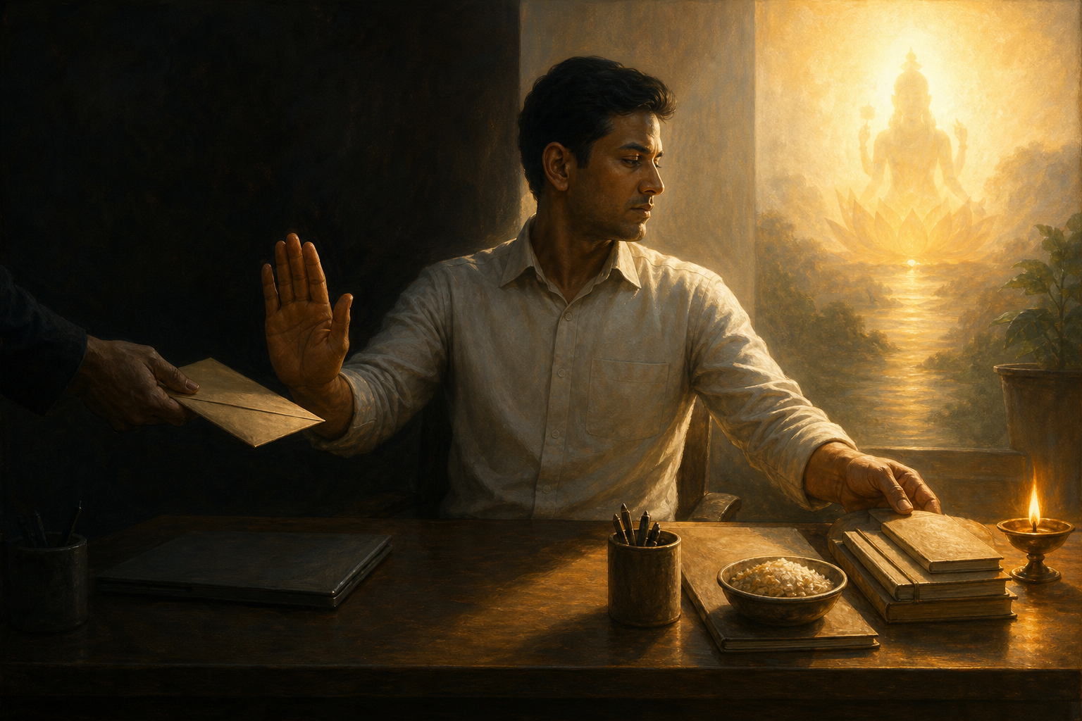 A person refuses an envelope of money at a shadowed desk while placing honest work materials beside a lamp on the brighter side of the scene.