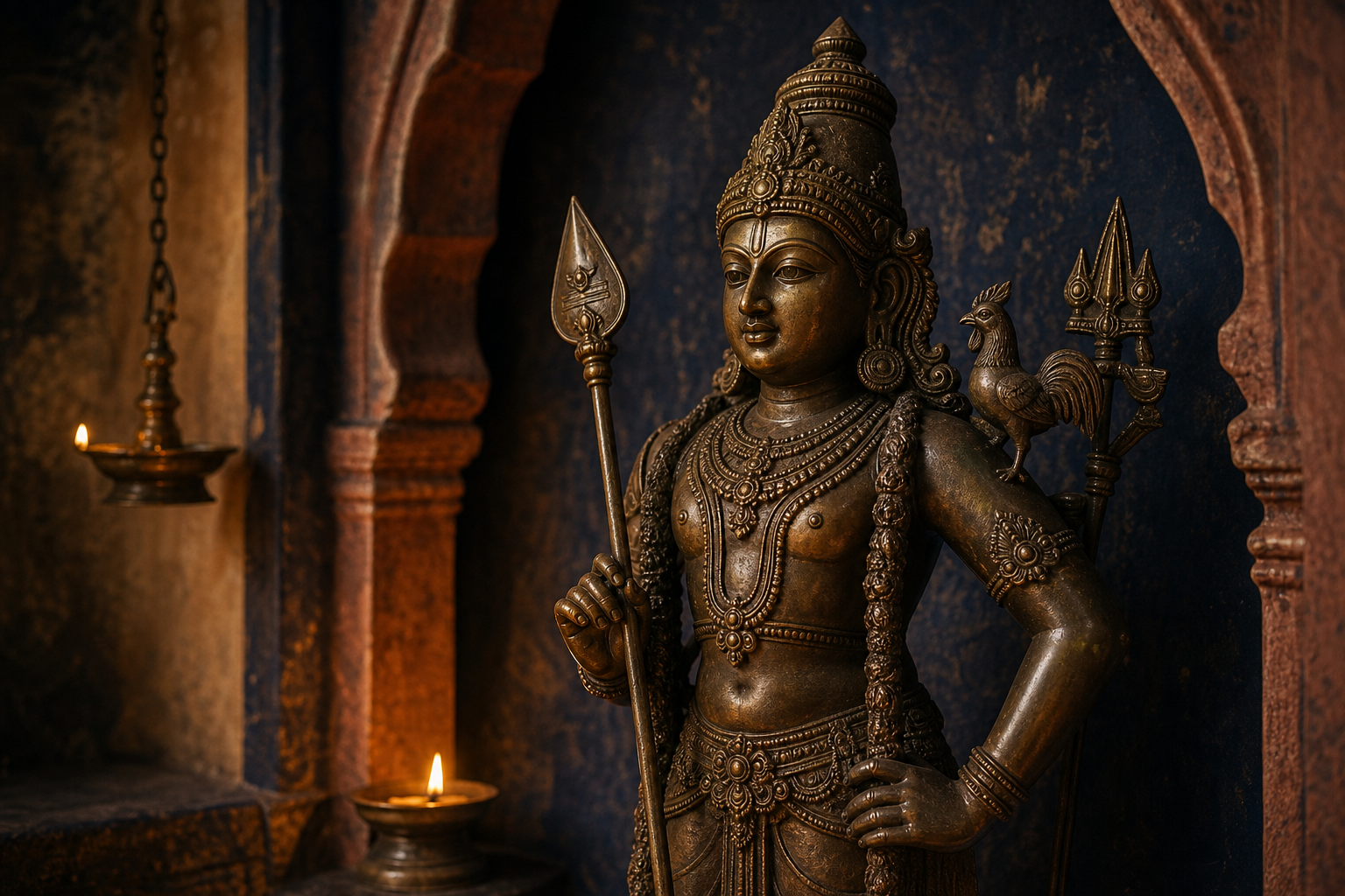 Bronze-style sculpture of Murugan with a spear and rooster emblem, illuminated by oil lamps in a temple alcove