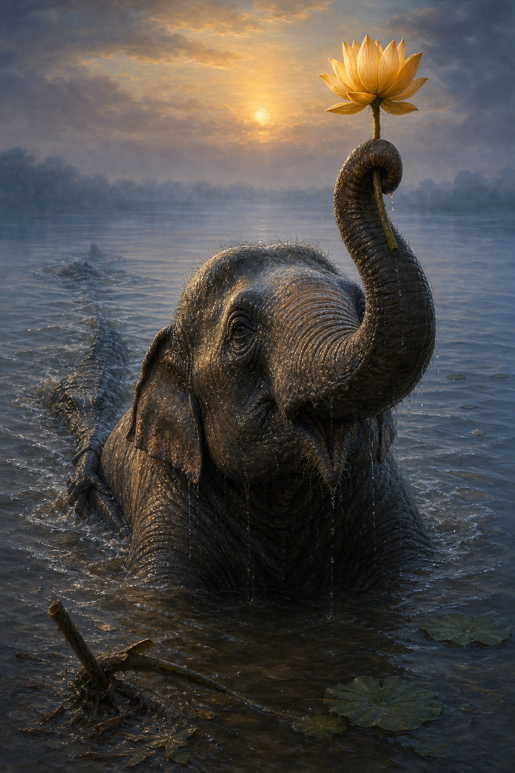 An exhausted elephant in a churned lotus lake gently lifts an intact lotus after its struggle has failed.