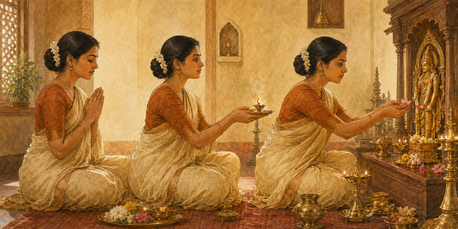 Three connected puja moments show recitation with joined hands, focused attention toward the altar, and the presentation of a flower offering.