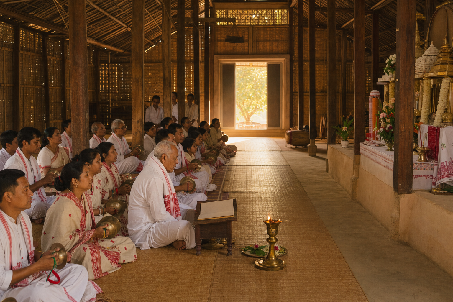 Assamese devotees gather for Naam-kirtan around a manuscript and brass oil lamp inside a traditional naamghar.