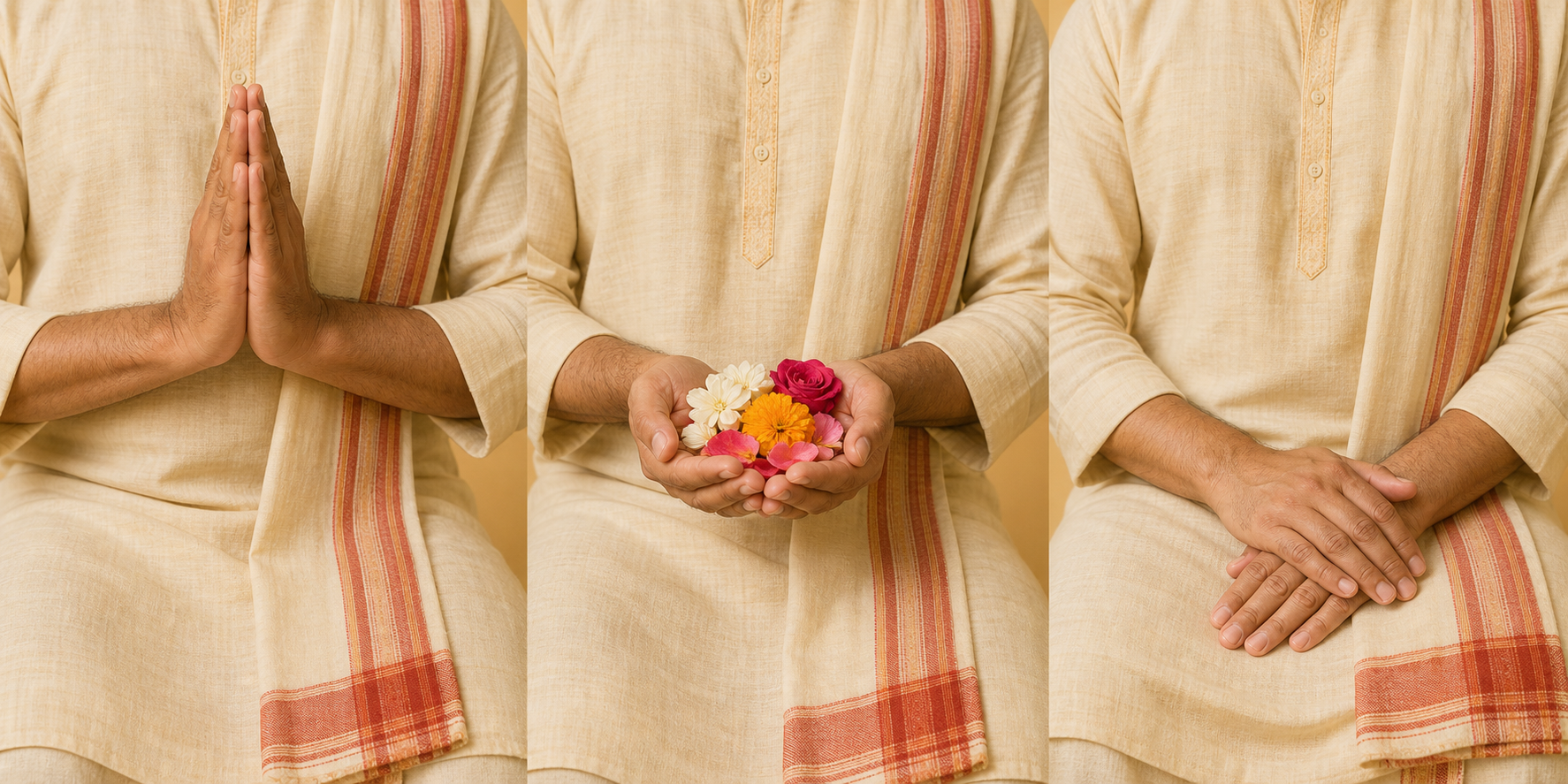Three close-up hand studies show joined palms, cupped hands holding flowers, and relaxed hands resting in the lap.