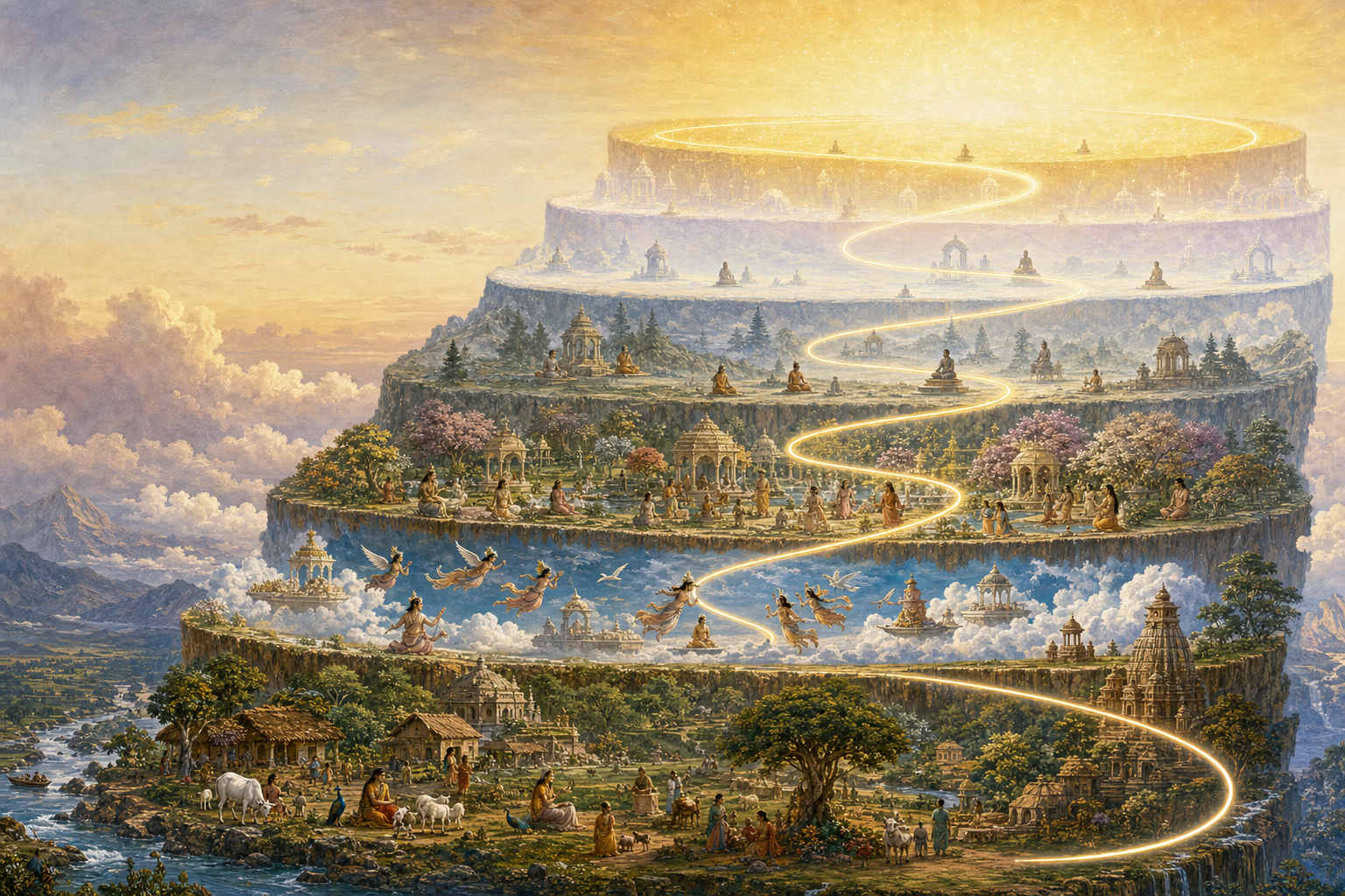 Seven ascending realms progress from an earthly landscape to increasingly luminous domains inhabited by celestial beings and contemplative sages.