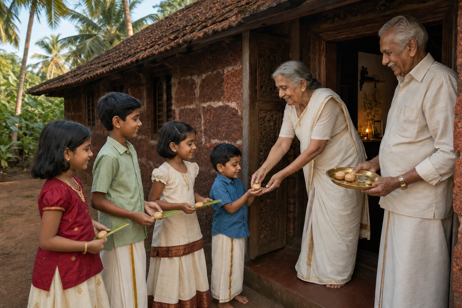 Children carrying coconut-leaf midribs receive kaniyappam from elders at the threshold of a North Malabar home on Vishu morning.