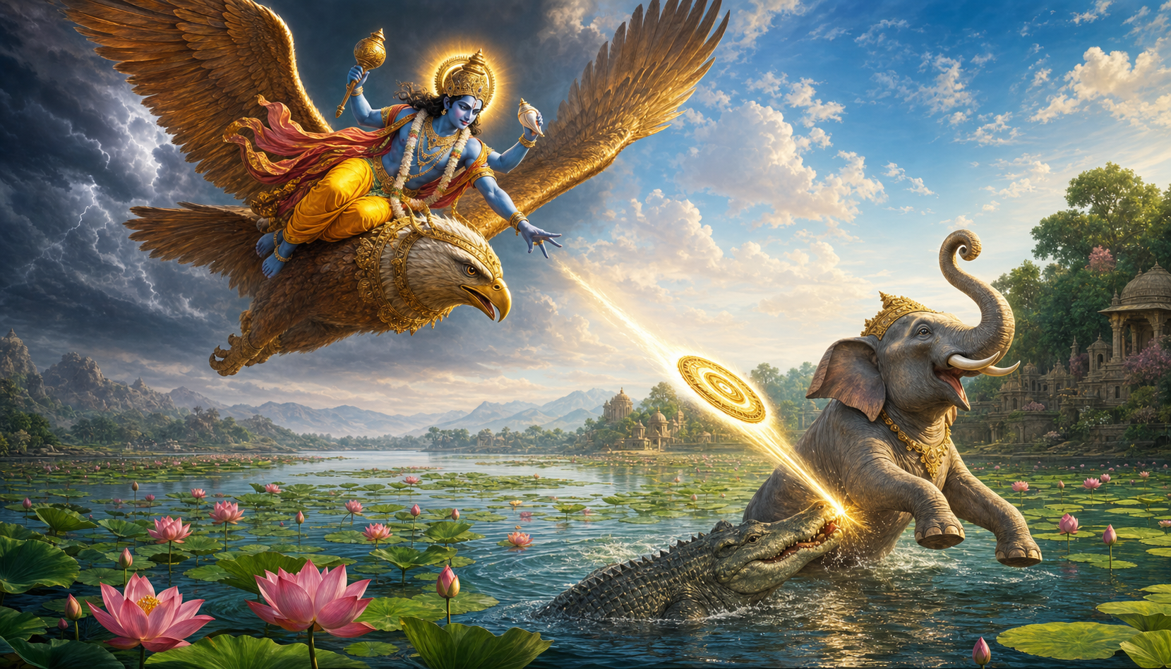 Lord Vishnu rides Garuda above the lake as a radiant chakra breaks the crocodile's hold on Gajendra without bloodshed.