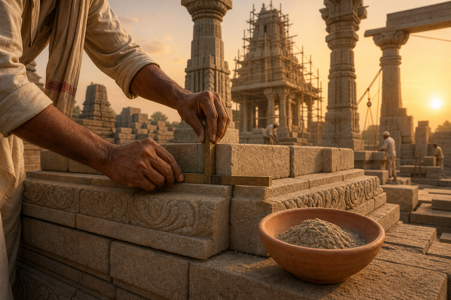Artisan measures a carved stone joint during construction of a traditional Hindu temple at dawn.