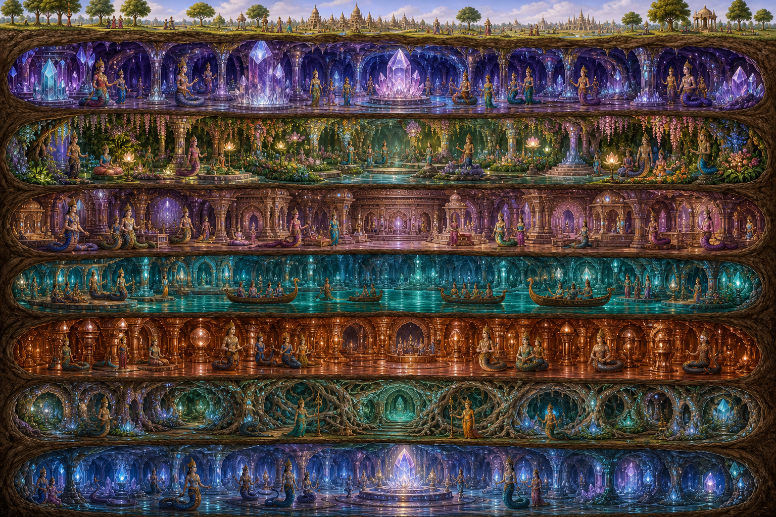 Seven colorful subterranean worlds contain gemstone caverns, palaces, lakes, gardens, and peaceful naga inhabitants.