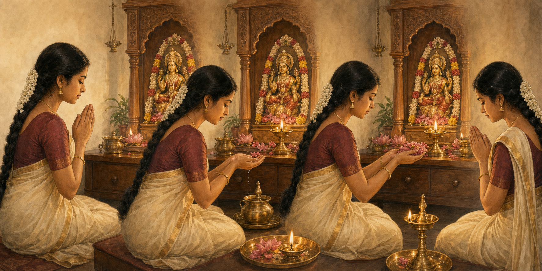 A four-moment puja sequence shows a devotee changing from joined palms to gestures involving water and flowers, then returning to joined palms.