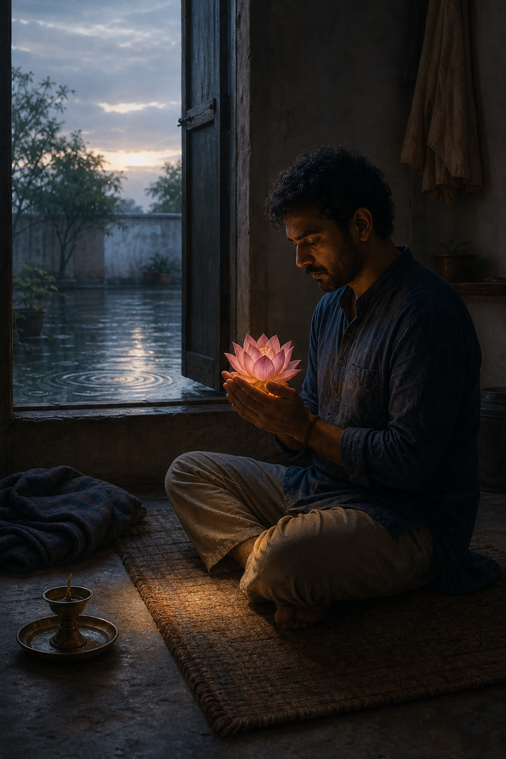 A person sits in quiet prayer before dawn, holding a lotus near the heart as rain ripples spread outside the window.