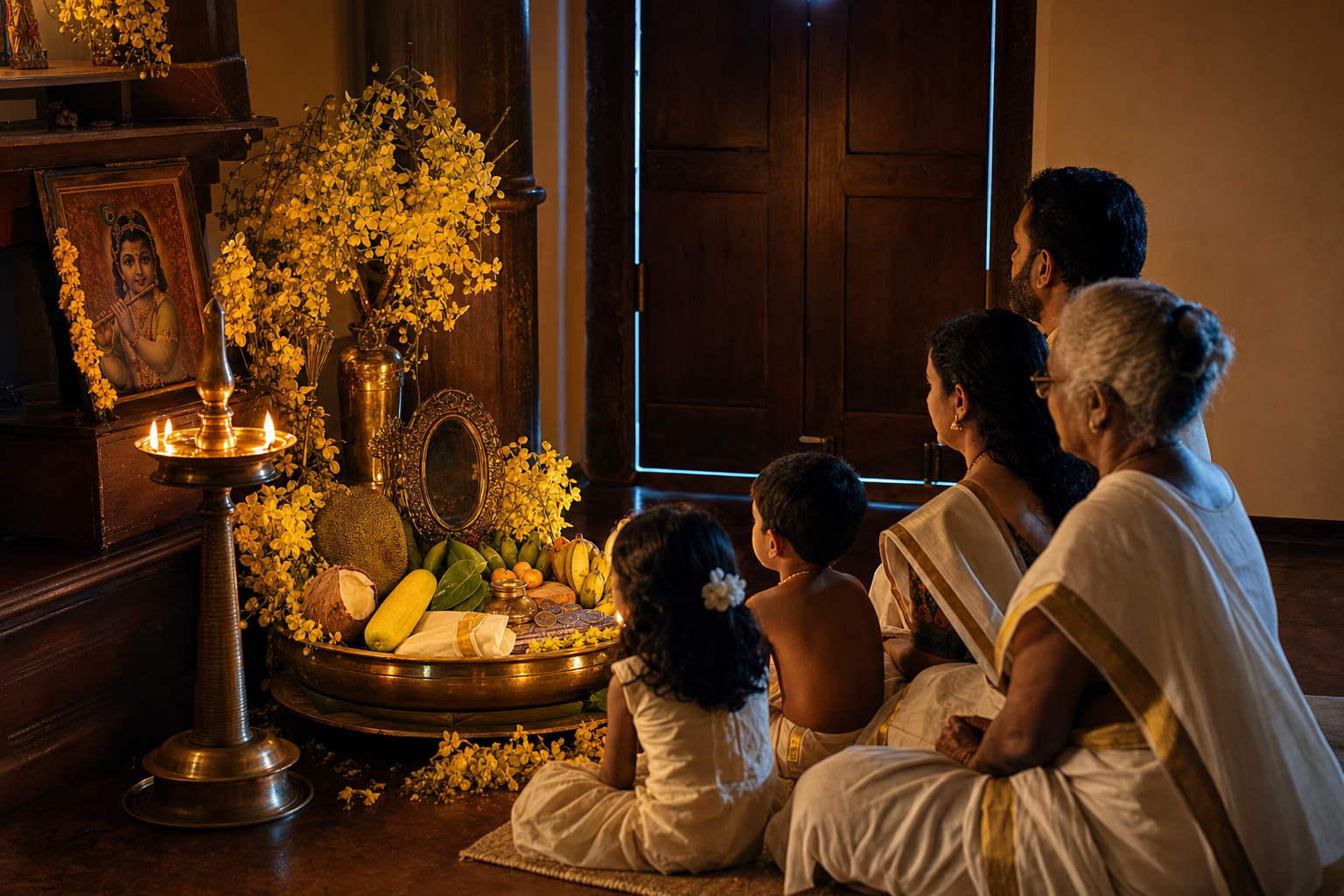 A multigenerational family quietly views a lamp-lit Vishukkani inside their North Malabar home before dawn.