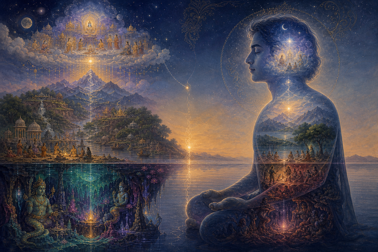 A layered cosmic landscape is mirrored inside the translucent profile of a person seated in meditation.