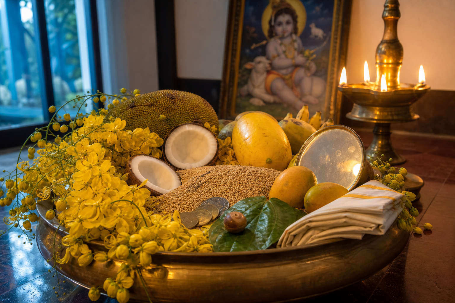 A brass Vishukkani arrangement holds konna flowers, rice, seasonal produce, coins, a metal mirror, and an oil lamp.