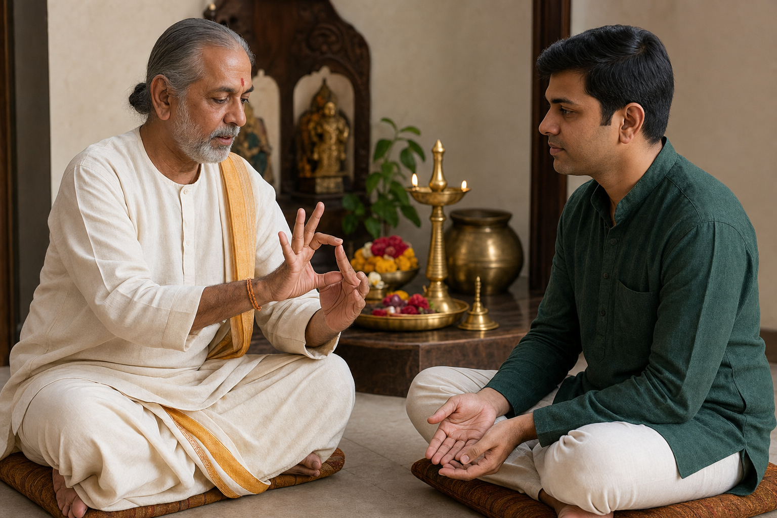 A ritual teacher demonstrates a hand gesture to an adult student seated beside a prepared puja altar.