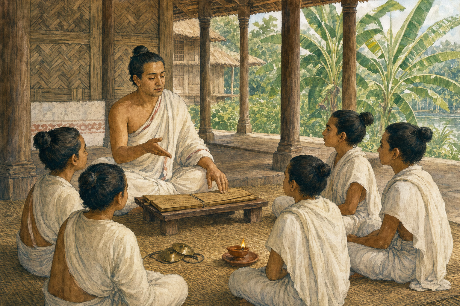 A historical Assamese Vaishnava teacher instructs disciples beside a manuscript on the veranda of a satra.