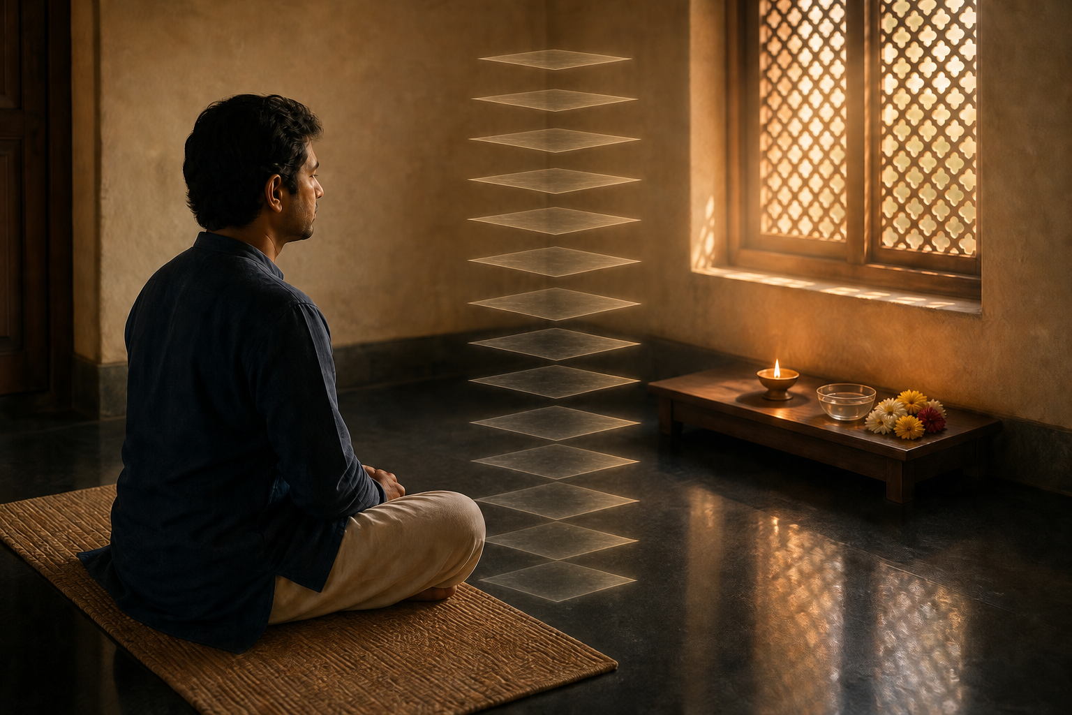 A person meditates beside a small lamp and flowers as fourteen faint luminous planes extend above and below the seated figure.
