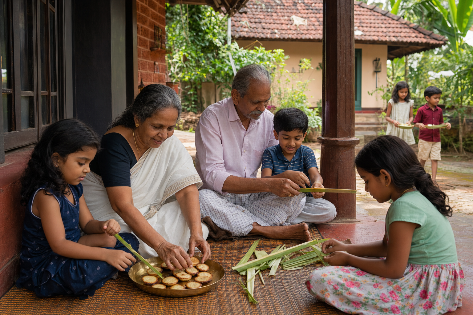Grandparents show children how to carry coconut-leaf midribs and prepare kaniyappam for the neighborhood Vishu custom.