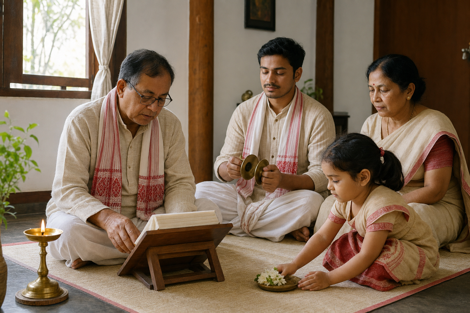Three generations of an Assamese family read, sing Naam, and offer flowers in a simple home prayer setting.