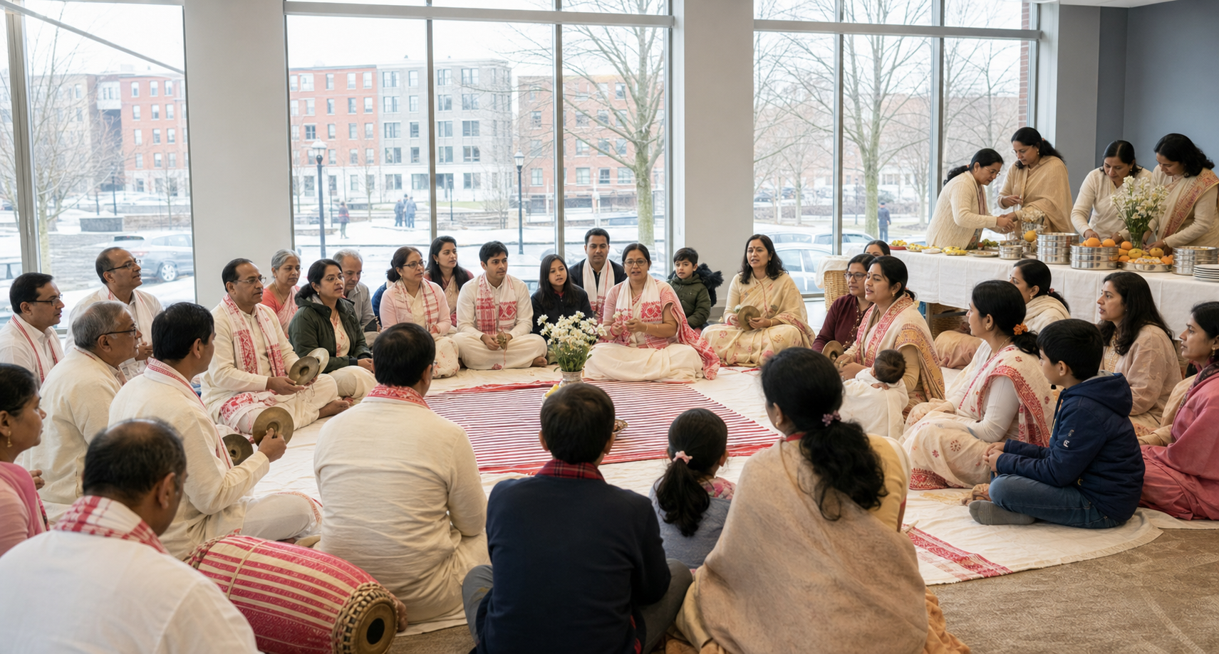 Assamese families hold a Naam-kirtan and prepare offerings for seva in a modern diaspora community hall.