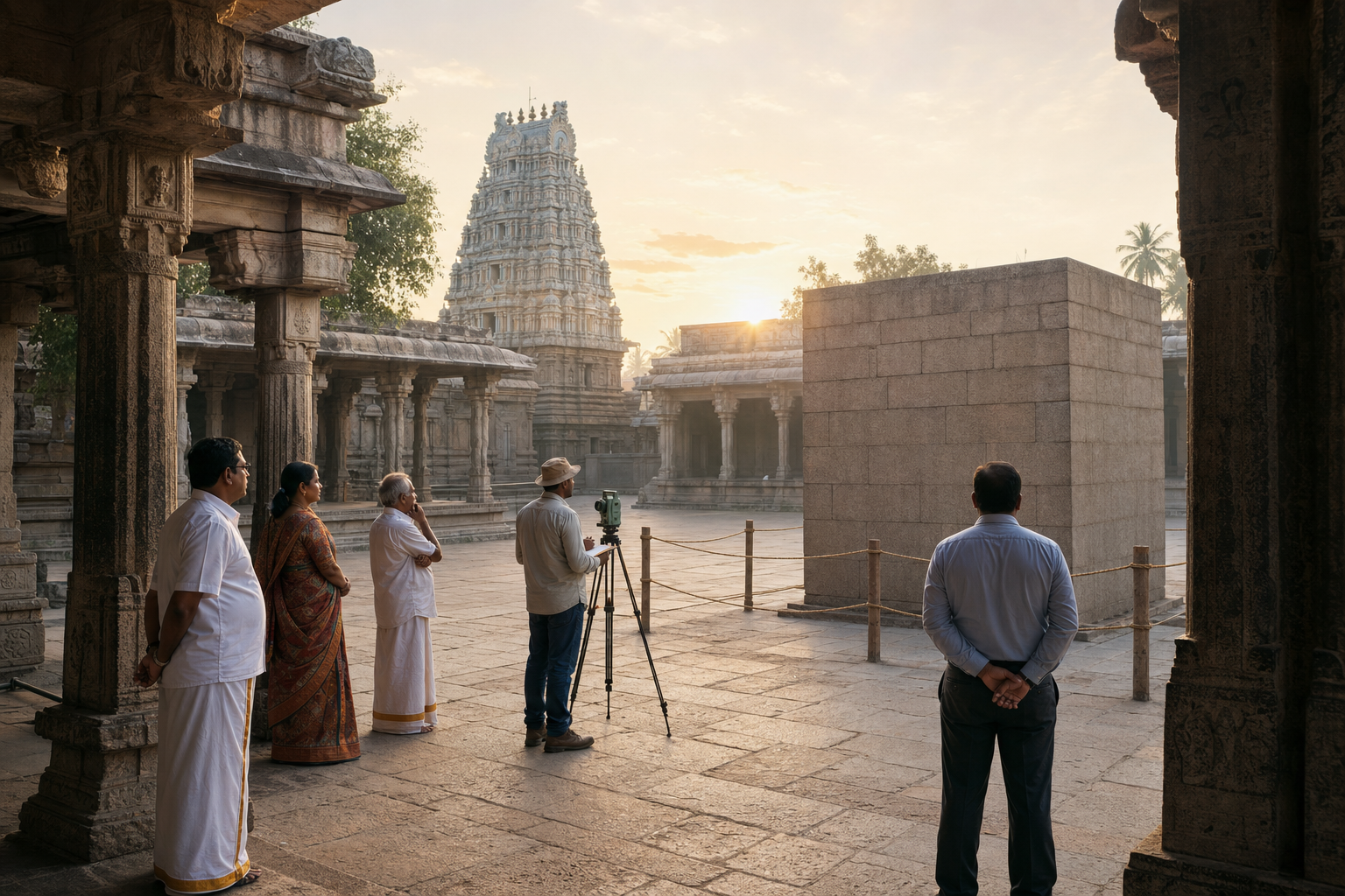 A small unidentified masonry structure is preserved for inspection in the courtyard of a South Indian Hindu temple as officials and devotees observe from a distance.