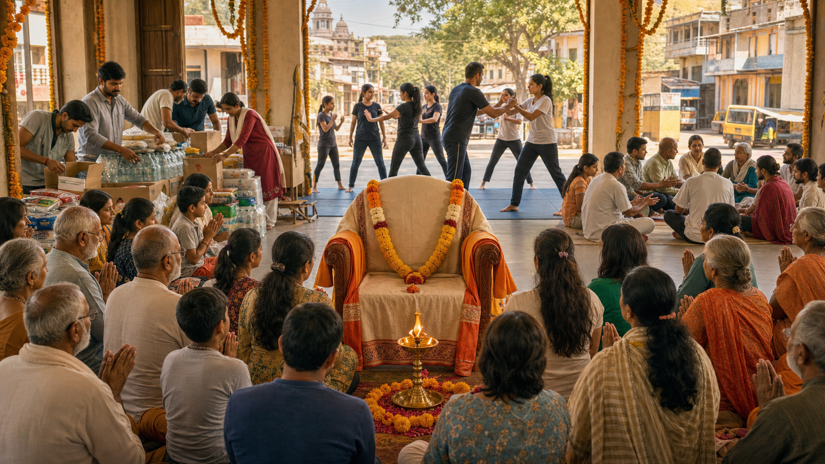 A multigenerational gathering offers reverence before a flower-decorated guru seat while volunteers organize emergency supplies and others practice self-defence in the background.