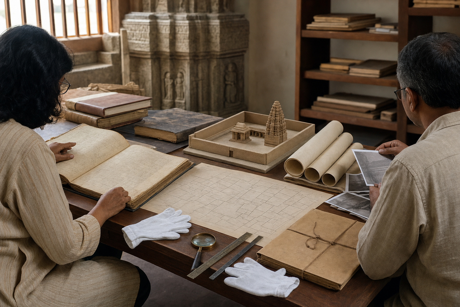 Researchers compare old ledgers, site plans, photographs, and measuring tools on a table in a temple records room.