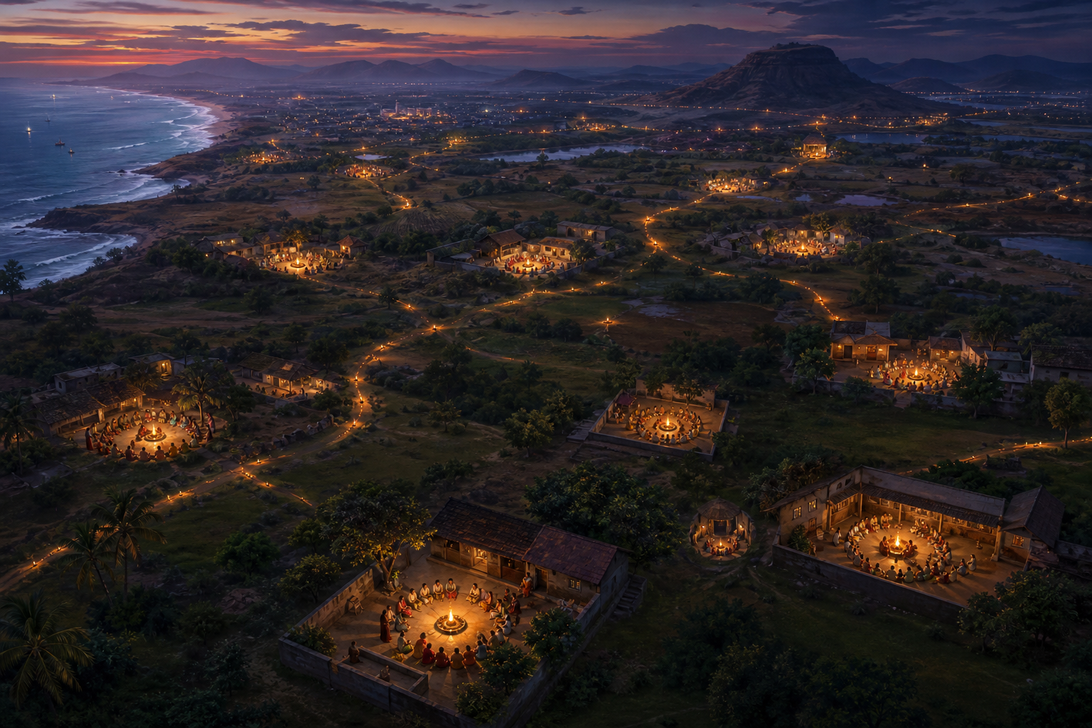 Many small, lamp-lit community gatherings appear across a varied Indian landscape, connected by faint paths with open distances between them.