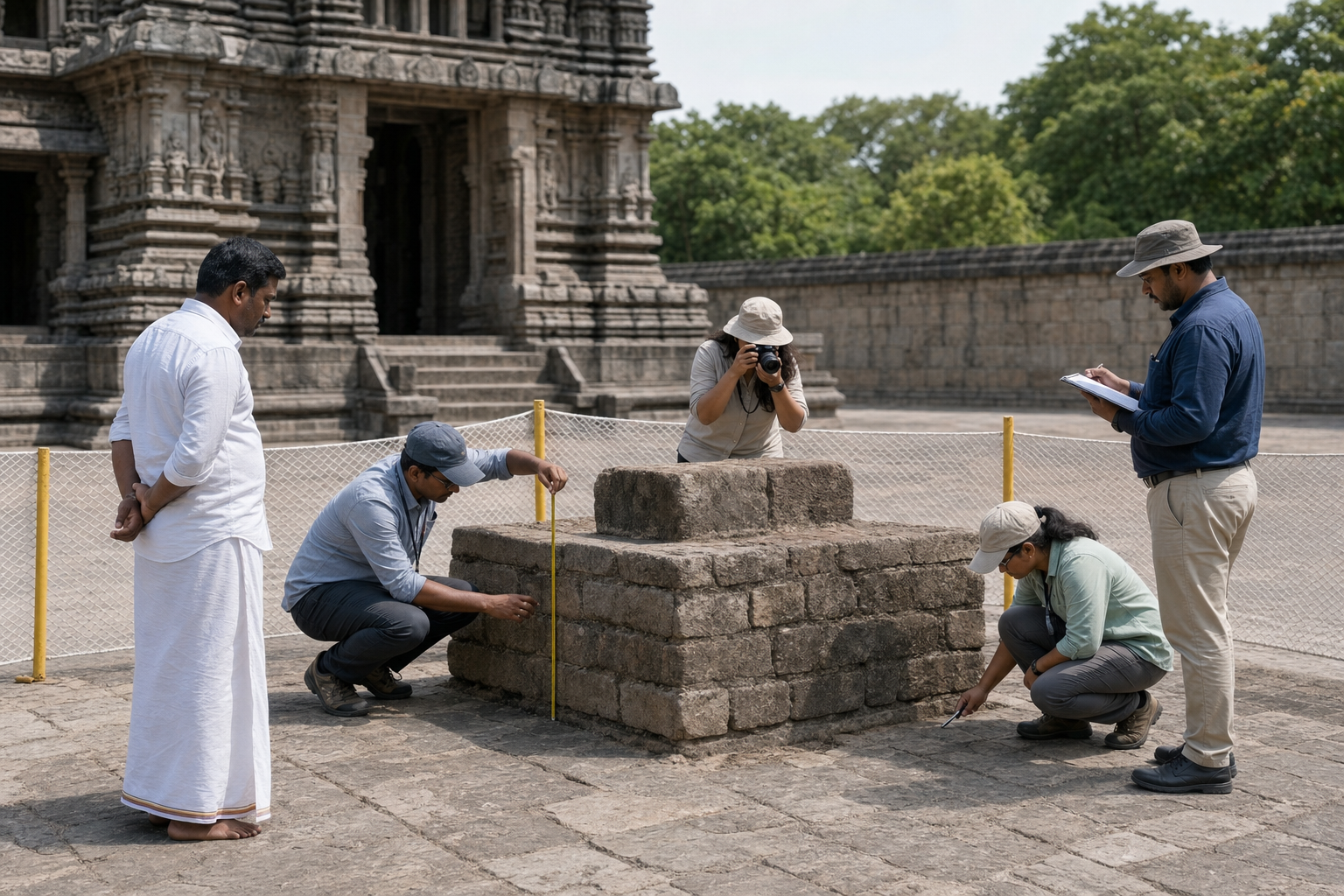 Conservation specialists measure and document an unidentified masonry construction behind a protective barrier in a temple courtyard.