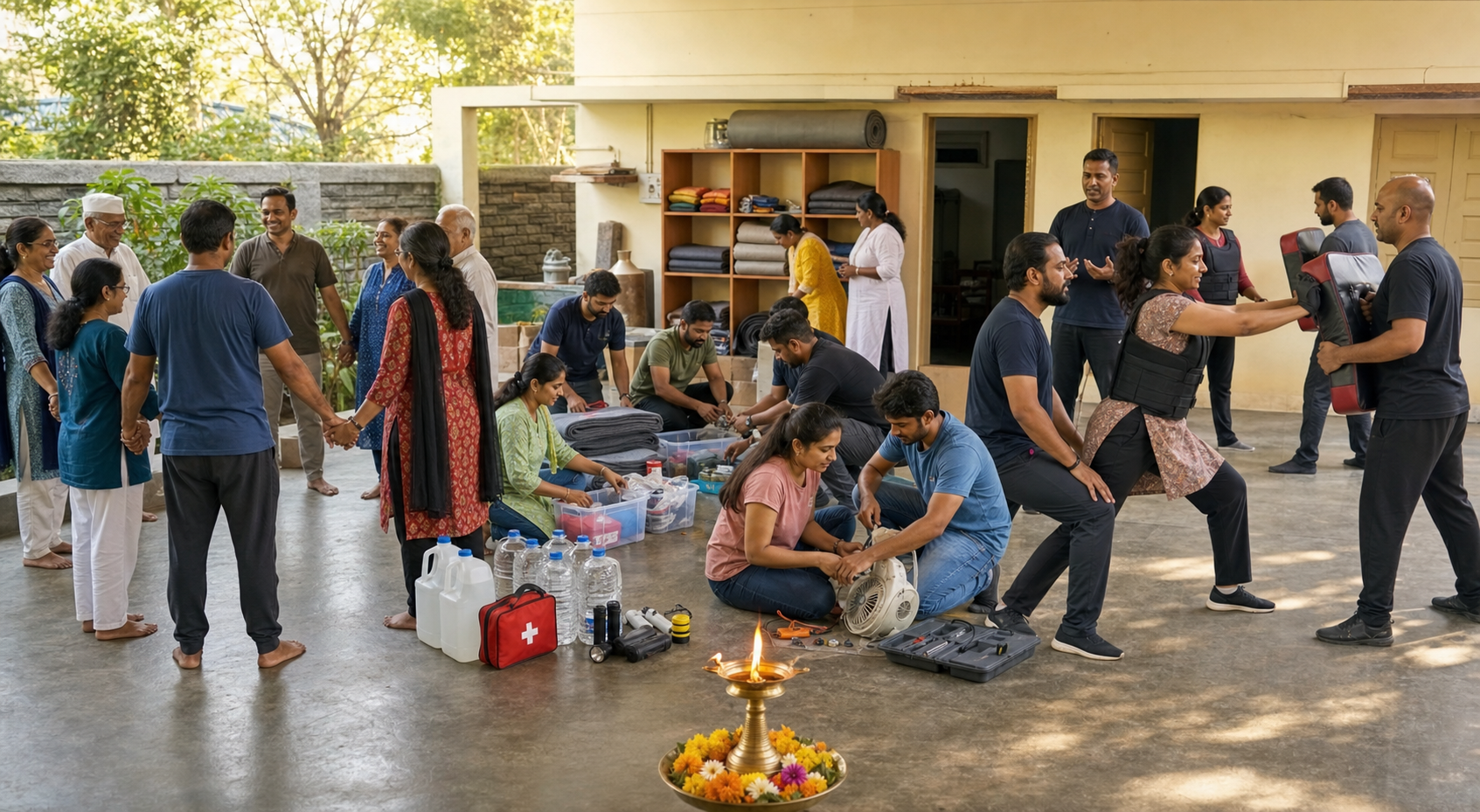 Community members build unity, prepare emergency supplies, repair equipment, and practice supervised unarmed self-defence beside a small ceremonial lamp.