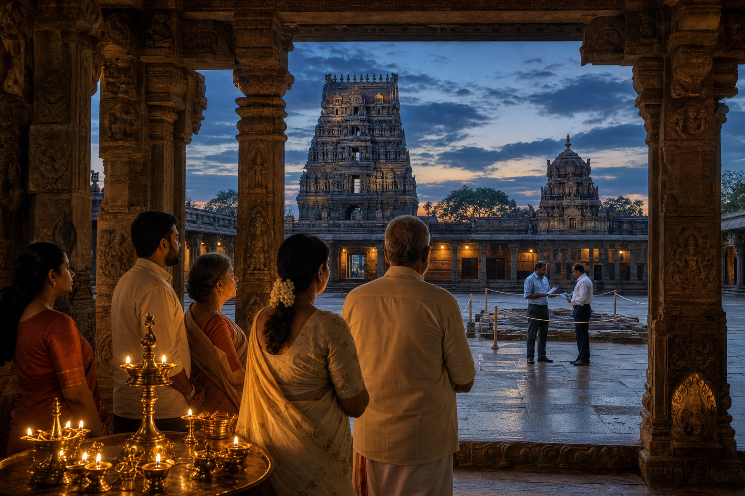 Devotees stand calmly beside oil lamps while temple and heritage officials confer across a stone courtyard at dusk.