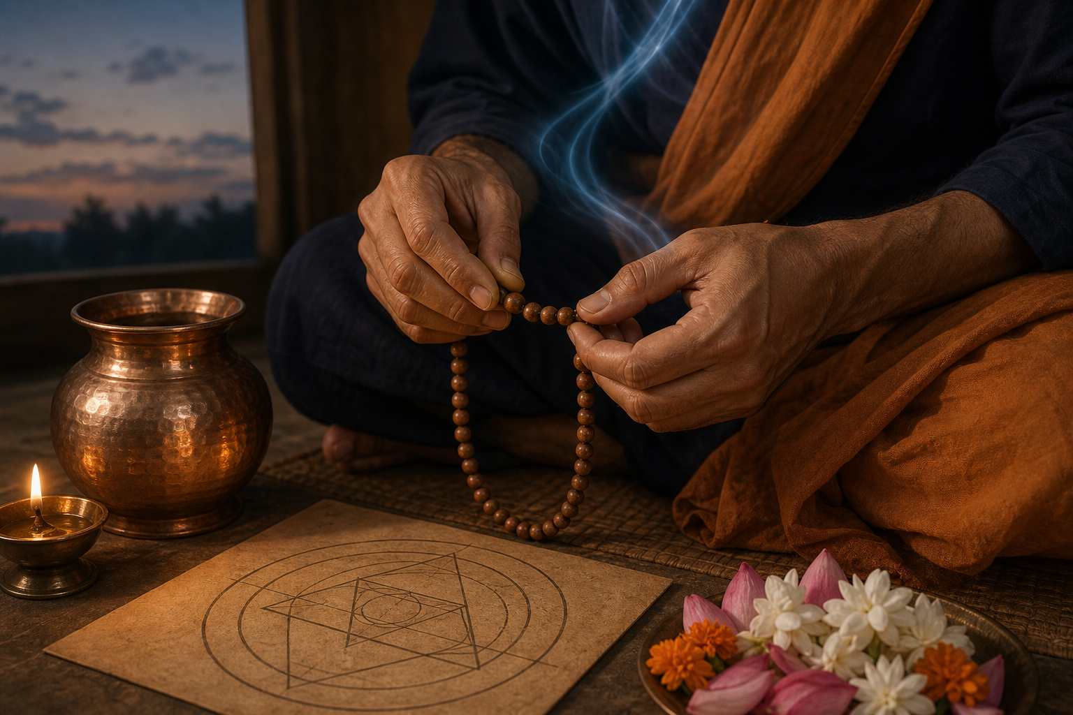 A practitioner uses prayer beads beside an oil lamp, flowers, a copper vessel, and a geometric ritual design.