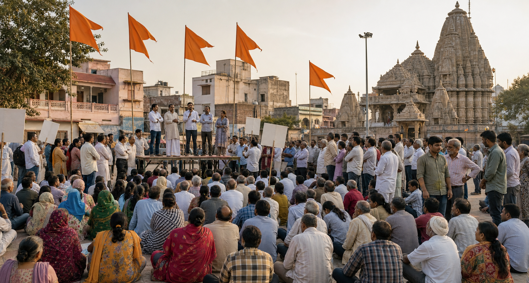 A peaceful public assembly listens to anonymous speakers beneath plain saffron pennants in an Indian town square near temple and civic buildings.
